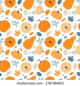 Seamless pattern with hand drawn pumpkins and leaves. Design for Thanksgiving Day.