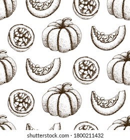 Seamless pattern with hand drawn Pumpkins. Thanksgiving design illustration. Autumn Harvest festival background with vector vegetables, pumpkin slice and seeds sketches.