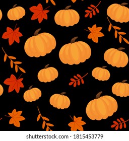 Seamless pattern with hand drawn pumpkins and leaves. Cute design for Halloween or Thankful day. Vector vegetable illustration. eps