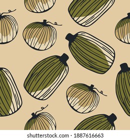 Seamless pattern with hand drawn pumpkins on a beige background. Doodle, simple outline illustration. It can be used for decoration of textile, paper and other surfaces.