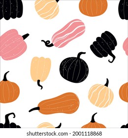 Seamless pattern with hand drawn pumpkins. Cute autumn pattern. Design for greeting card and invitation of seasonal fall holidays, halloween, thsanksgiving, harvest.