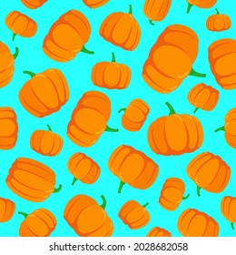 Nahtloses Muster mit handgezeichneten Kürbissen auf blauem Hintergrund. Vektorgrafik