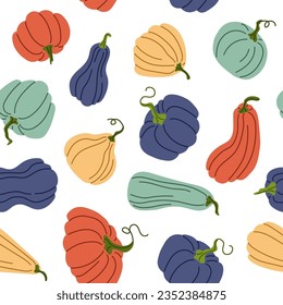 Seamless pattern with hand drawn pumpkins in flat style. Autumn texture for thanksgiving, harvest and halloween. Vector Illustration isolated on a white background.