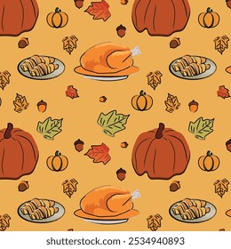 padrão sem costura com mão desenhado abóboras folhas de bordo outono, Ação de Graças, Halloween fundo- ilustração vetorial