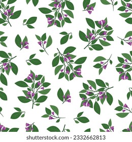 Seamless pattern with hand drawn purple and pink flowers floral branch, twig.