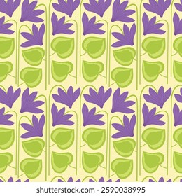 Seamless pattern with hand drawn purple flowers and leaves on beige background. Modern botanical print for fabric, cover, card, flyer. Vector illustration