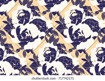 Seamless pattern, hand drawn purple Peony flowers and square shape on orange background