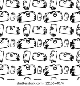 Seamless pattern hand drawn purse. Doodle black sketch. Sign symbol. Decoration element. Isolated on white background. Flat design. Vector illustration.