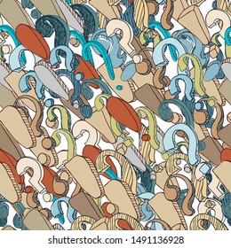 Seamless pattern with hand drawn question mark. Cartoon question and exclamation marks in grunge texture style. Vector illustration.