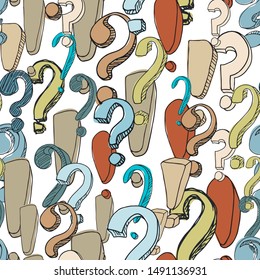 Seamless pattern with hand drawn question mark. Cartoon question and exclamation marks in grunge texture style. Vector illustration.