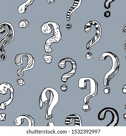 Seamless pattern with hand drawn question mark. Cartoon question marks in grunge texture style. Vector illustration.