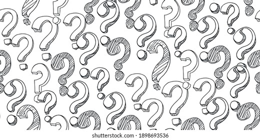 Seamless pattern with hand drawn question marks. Doodle punctuation marks in grunge texture style. Black-white poll template. Design for query background, faq, interrogation, quiz, poll. Vector