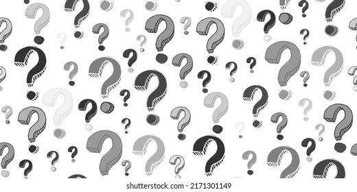 Seamless pattern with hand drawn question marks. Doodle punctuation marks in grunge texture style. Black-white poll template. Design for query background, faq, interrogation, quiz, poll. Vector