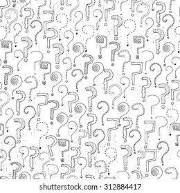 Seamless pattern with hand drawn question marks. Vector illustration.  Hand drawn questions on white background. Can be used for wallpapers, pattern fills, surface textures, textile, wrapping.