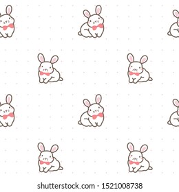 Seamless Pattern of Hand Drawn Rabbit Design on White Background with Pink Dots