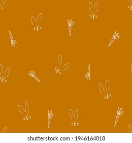 Seamless pattern with hand drawn rabbit muzzle and carrots in doodle style,Easter illustration with bunny,holiday decoration,print for wrapping paper,wallpaper,fabric design,kids style background