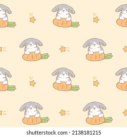 Seamless Pattern with Hand Drawn Rabbit and Carrot Design on Light Yellow Background