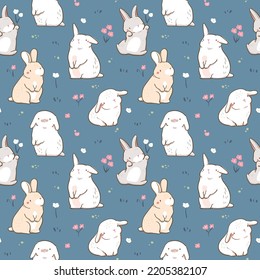 Seamless Pattern with Hand Drawn Rabbit Design on Deep Blue Background