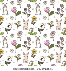 Seamless Pattern of Hand Drawn Rabbit and Flower Design on White Background