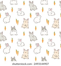 Seamless Pattern with Hand Drawn Rabbit and Carrot Design on White Background