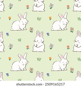 Seamless Pattern with Hand Drawn Rabbit and Flower Design on Light Green Background