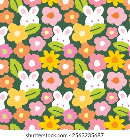 Seamless Pattern of Hand Drawn Rabbit Face and Flower Design on Dark Green Background