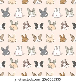 Seamless Pattern with Hand Drawn Rabbit Face Design on Beige Color Background. Hand Drawn Vector Illustration. Not AI Generated.