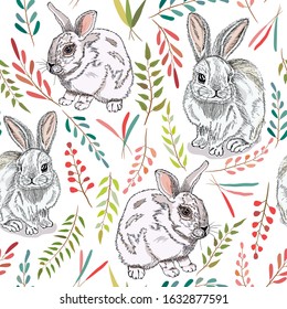 Seamless pattern with hand drawn rabbits and spring plants. 