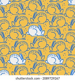 Seamless pattern with hand drawn rabbits. Great for wallpaper, wrapping paper, cards , textile. outline, farm animal. Vector kids pattern