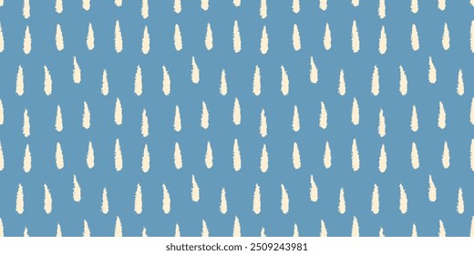 Seamless pattern with hand drawn rain texture. Cute background, doodle drops on blue background, small dashes.
