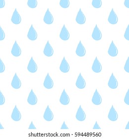 Seamless pattern with hand drawn rain drops. Beautiful light blue falling water drops on white background.