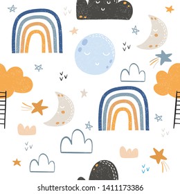 Seamless pattern with hand drawn rainbow, moon and clouds. Childish texture for fabric, textile, apparel. Vector background 