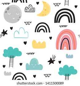 Seamless pattern with hand drawn rainbow, moon and clouds. Childish texture for fabric, textile, apparel. Vector background 