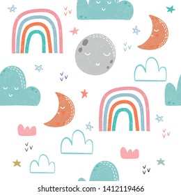 Seamless pattern with hand drawn rainbow, moon and clouds. Childish texture for fabric, textile, apparel. Vector background 