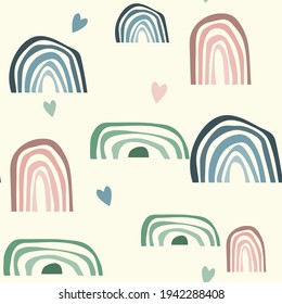 Seamless pattern. Hand drawn rainbow pattern in boho style. Abstract minimalist elements. Scandinavian design in pastel colors. Vector background for fabric, packaging, textiles, wallpaper, clothes.