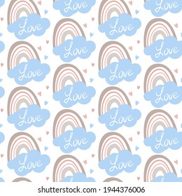 Seamless pattern. Hand drawn rainbow pattern in boho style. Abstract minimalist elements. Scandinavian design in pastel colors. Vector background for fabric, packaging, textiles, wallpaper, clothes