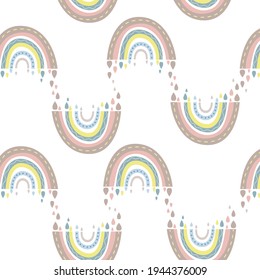 Seamless pattern. Hand drawn rainbow pattern in boho style. Abstract minimalist elements. Scandinavian design in pastel colors. Vector background for fabric, packaging, textiles, wallpaper, clothes