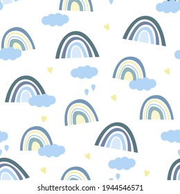 Seamless pattern. Hand drawn rainbow pattern in boho style. Abstract minimalist elements. Scandinavian design in pastel colors. Vector background for fabric, packaging, textiles, wallpaper, clothes