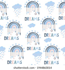 Seamless pattern. Hand drawn rainbow pattern in boho style. Abstract minimalist elements. Scandinavian design in pastel colors. Vector background for fabric, packaging, textiles, wallpaper, clothes.