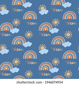 Seamless pattern. Hand drawn rainbow pattern in boho style. Abstract minimalist elements. Scandinavian design in pastel colors. Vector background for fabric, packaging, textiles, wallpaper, clothes.