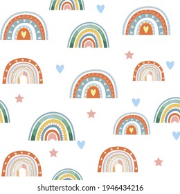 Seamless pattern. Hand drawn rainbow pattern in boho style. Abstract minimalist elements. Scandinavian design in pastel colors. Vector background for fabric, packaging, textiles, wallpaper, clothes