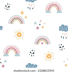 Seamless pattern of hand drawn rainbow, cloud and sun. Vector illustration for wallpaper, fabrics, textiles, prints, wrappers, curtain. 