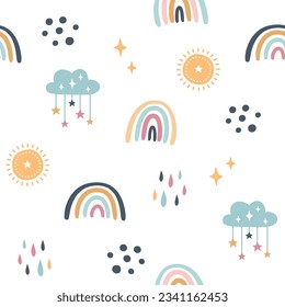 Seamless pattern of hand drawn rainbow, cloud and sun. Vector illustration for wallpaper, fabrics, textiles, prints, wrappers, curtain. 