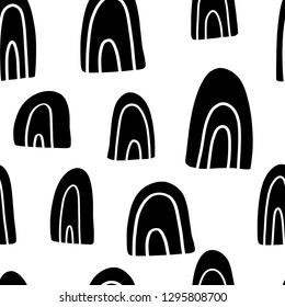 Seamless pattern with hand drawn rainbows. Black semicircles abstract shapes. Summer doodle design. Cute geometric texture for modern textile, wrapping paper, wall art design