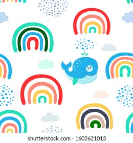 Seamless pattern with hand drawn rainbows and whales. Kids texture for fabric, wrapping, textile, wallpaper. Cartoon Vector Illustration.