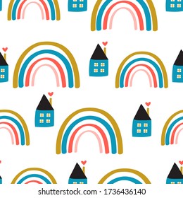 Patrón sin foco con arcos y casas dibujados a mano. Textura creativa para tela, envoltura, textil, papel pintado, ropa. Ilustración del vector