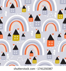 Seamless pattern with hand drawn rainbows and houses. Creative texture for fabric, wrapping, textile, wallpaper, apparel. Vector illustration