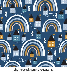 Seamless pattern with hand drawn rainbows and houses. Creative texture for fabric, wrapping, textile, wallpaper, apparel. Vector illustration