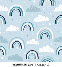 Seamless pattern with hand drawn rainbows and clouds. Creative texture for fabric, wrapping, textile, wallpaper, apparel. Vector illustration