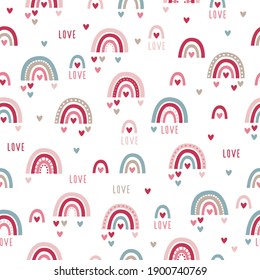 Seamless pattern with hand drawn rainbows and hearts.Background for Valentine's Day, wedding, gift wrap, textile, fabric manufacturing, wallpaper, covers, surface, print, scrapbooking.  Vector.